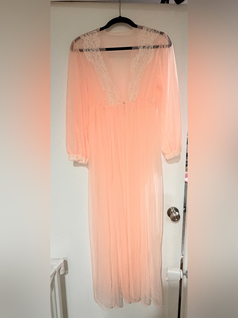 Sheer Peach Long Lace-Trim Pegnoir
